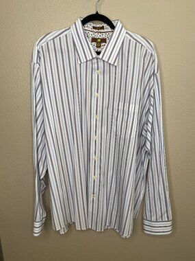 Egara Mens Slim Fit 3X Button-Down Shirt Blue Brown Striped  Cotton Long Sleeve